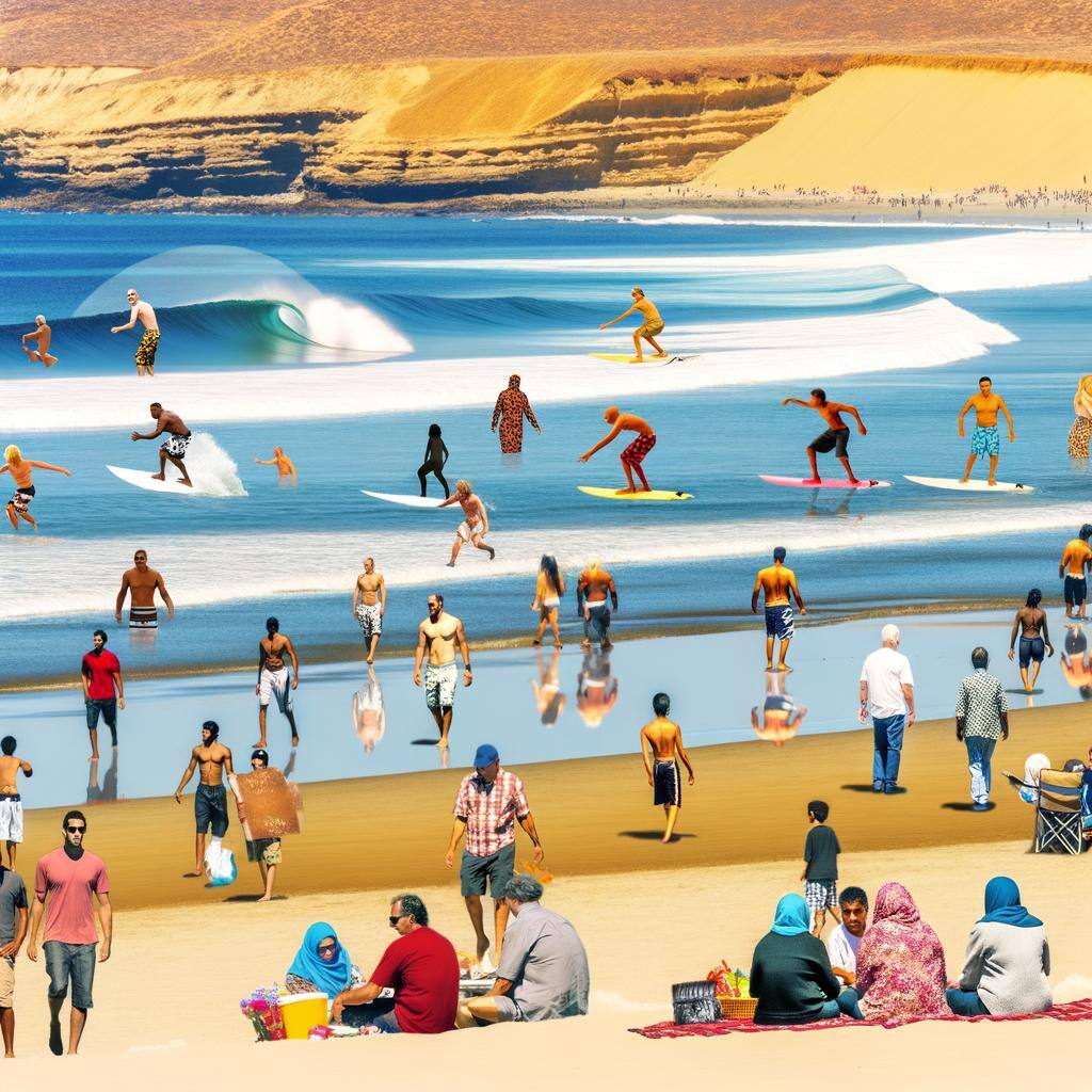 The image is of a vibrant and bustling San Onofre State Beach, with surfers catching waves, families picnicking on the sand, and visitors from around